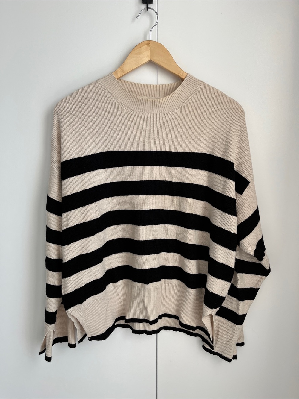 Striped Crewneck Sweater in Beige and Black
